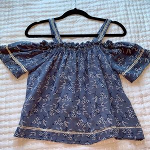 Blue and white off the shoulder top, size L